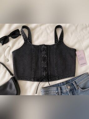 Denim Corset Crop Top Lace Up Front Black Wash Bustier Bralette Size L NWT